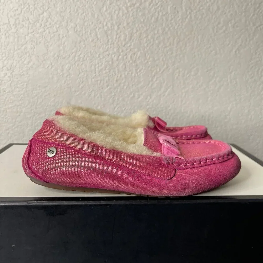 UGG ANNMARIE 003086K Fuschia Pink Glitter Fur Shoes Slip On Girl Kids 1 US/13 UK